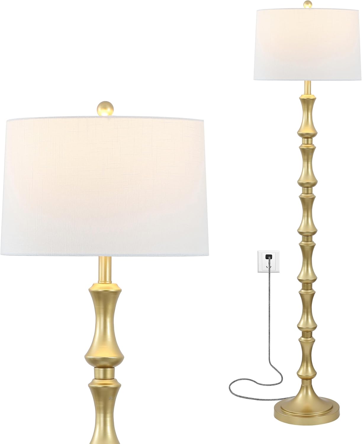 JONATHAN Y 62.5" Gold Traditional Glam Metal LED Floor Lamp, Iron Turned Silhouette Standing Lamp with White Linen Drum Shade for Living Room, UL Listed, LED Bulb Included JYL4031A