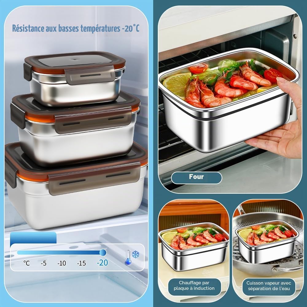 Lot de 4 Boîtes de Conservation en Acier Inoxydable, 550ml/ 1100ml/ 1900ml/ 3500ml Boites de Conservation Alimentaire avec Couvercles Hermétiques Boîtes Alimentaires pour Four et Congélateur