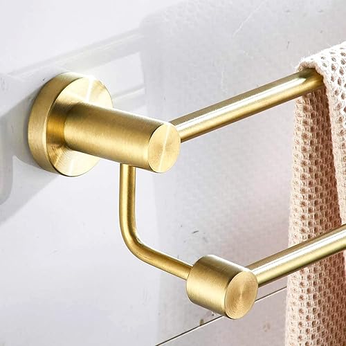 Miniatura 7 de BATHSIR Toallero de baño doble de oro cepillado ajustable, 14.56 a 27.55 pulgadas, toallero de montaje en pared para baño, colgador de toallas de