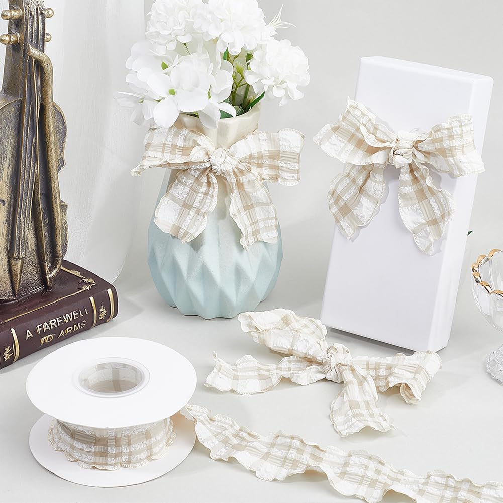 CABODYALS 9.14M 40mm Beige Gingham Plaid Ribbon Checkered Wired Wrinkled Trim Double Chiffon Ruffled Edge Polyester Ribbon with Spool for Gift Wrapping Wedding Invitations Bouquets Christmas Decor - Image 4