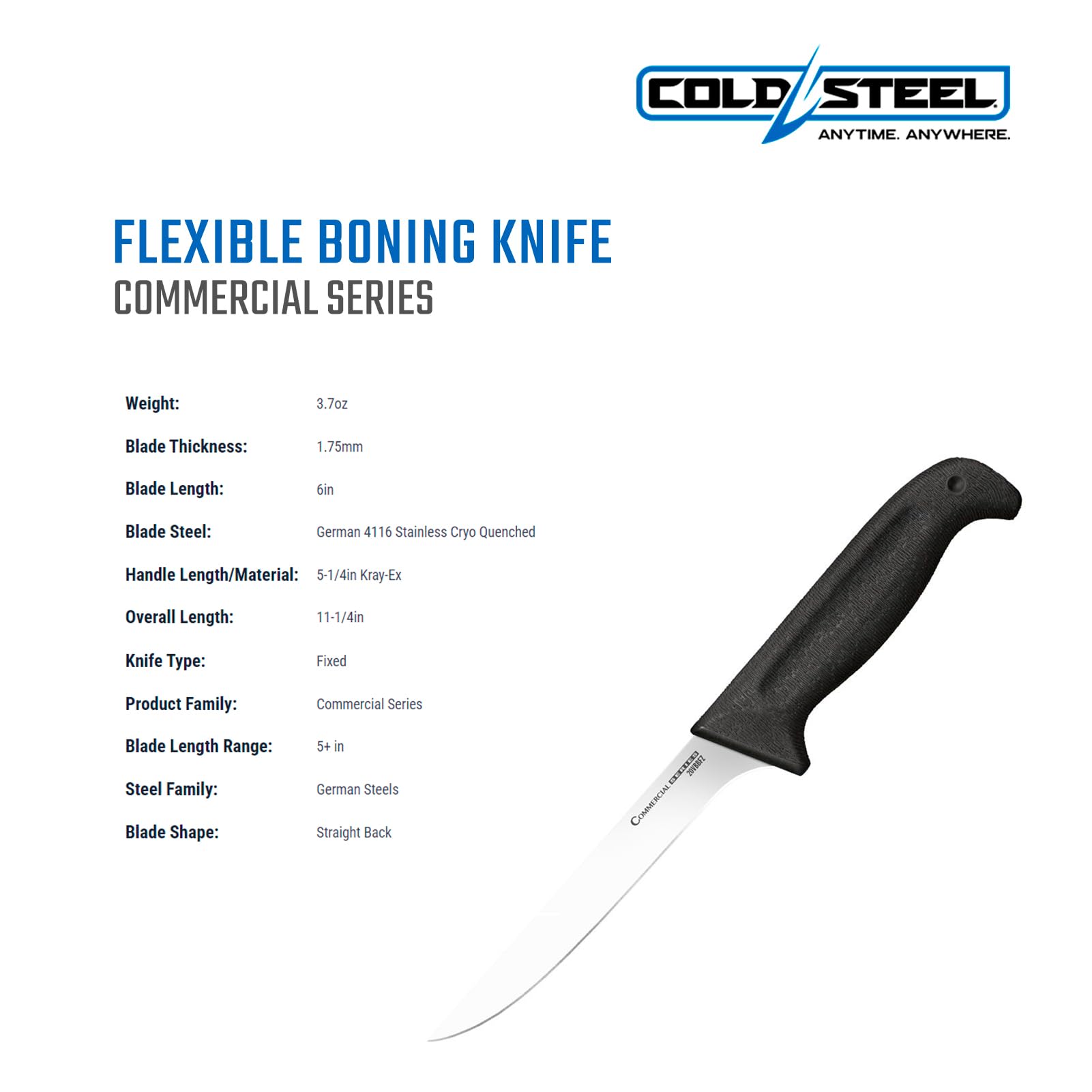 Cold Steel Commercial Series 6" Flexible German 4116 Stainless Steel Fixed Blade Narrow Straight Back Game & Fish Processing Cutting Boning Knife with Ergonomic Kray-Ex Handle — Amazon image 4
