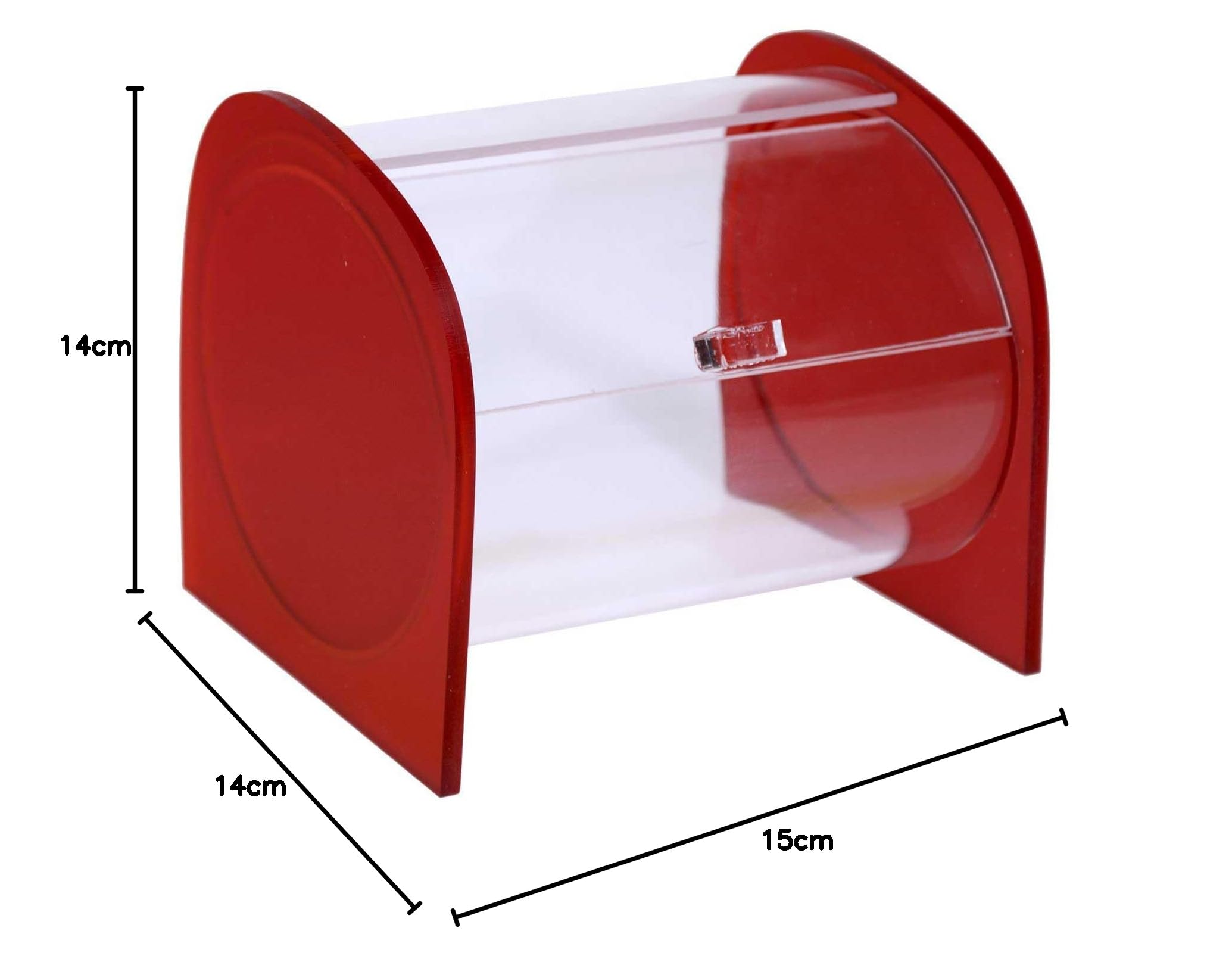 Portacaramelle confezionate sezione circolare in plexiglass trasparente e con pannelli laterali in plexiglass satinato ROSSO - Misure totali: L 15 x P 14 x H 14 cm