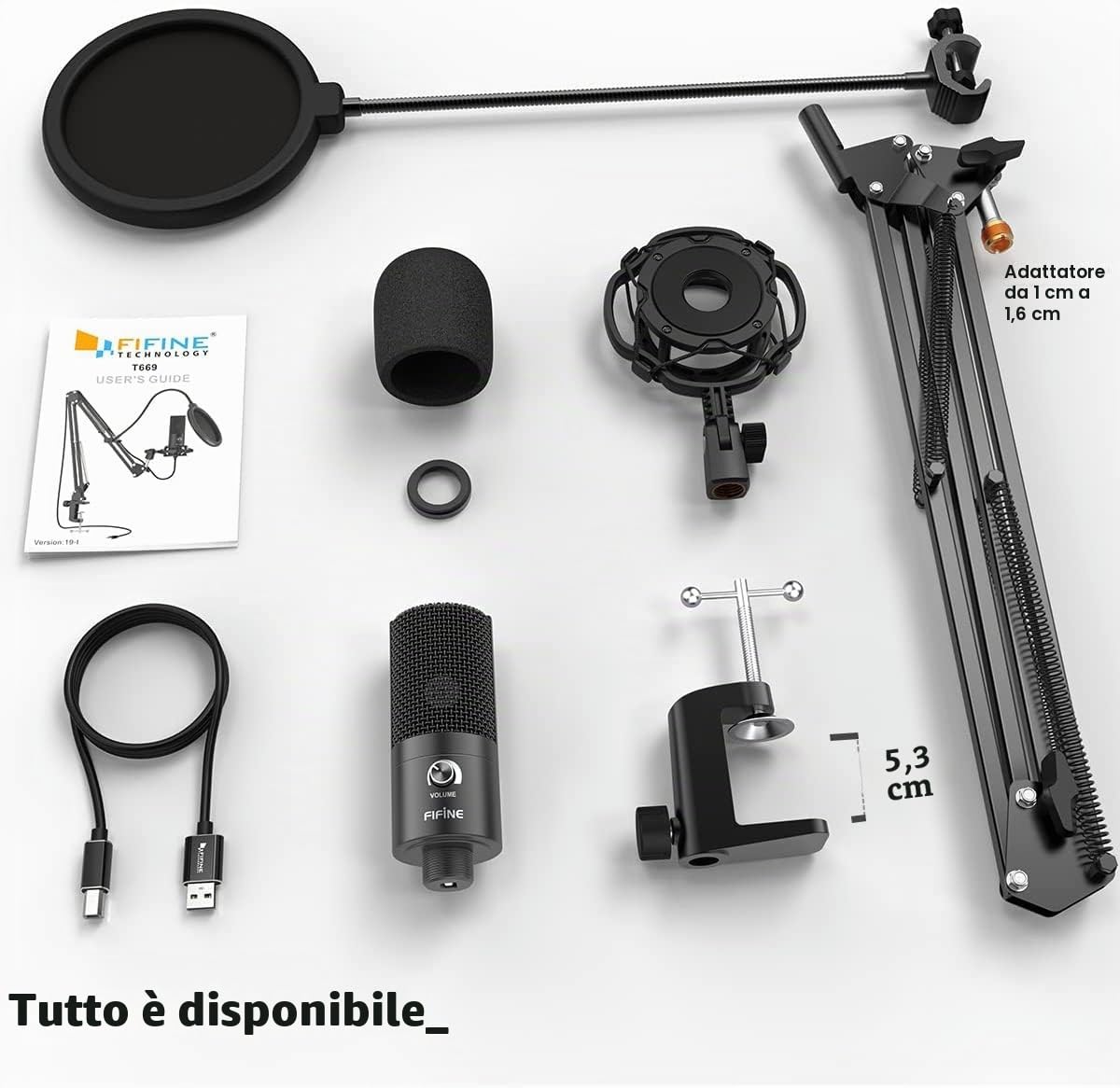 FIFINE Condensatore a Microfono studio kit, USB Microfono Computer con Braccio per Microfoni Regolabile e Filtro Anti-pop per Strumenti Voice Overs Registrazione Podcasting YouTube Gaming