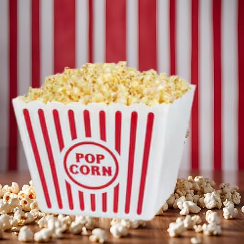 Miniatura 6 de Juego de 7 recipientes para palomitas de maíz, color rojo y blanco, a rayas, estilo retro, reutilizables, con parte superior abierta, cubeta