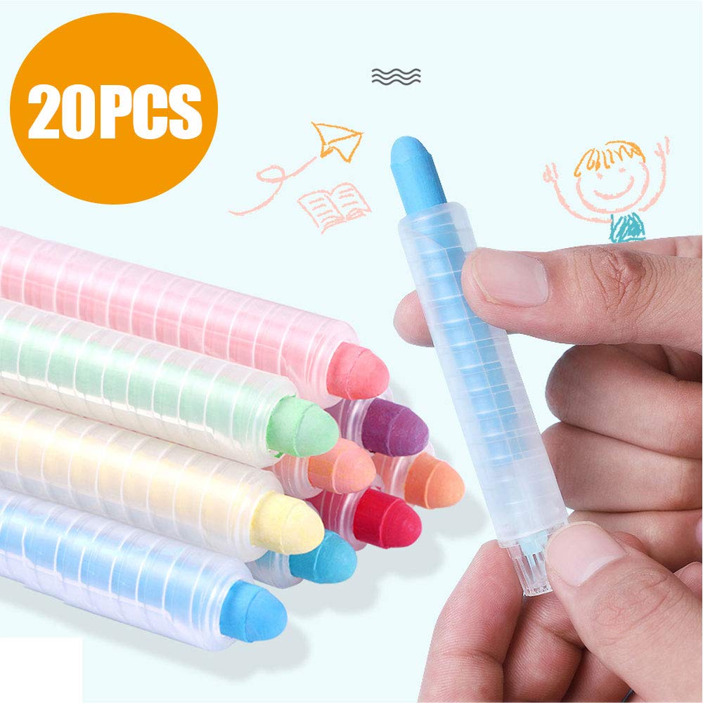 20 Pcs Dustless Twistable Chalk with 6 Pcs Chalk Holder, Non-Toxic Colored Chalk for Kids Children Kids Pavements Sticks Assorted Colors Art Floor Chalks Marker Pen