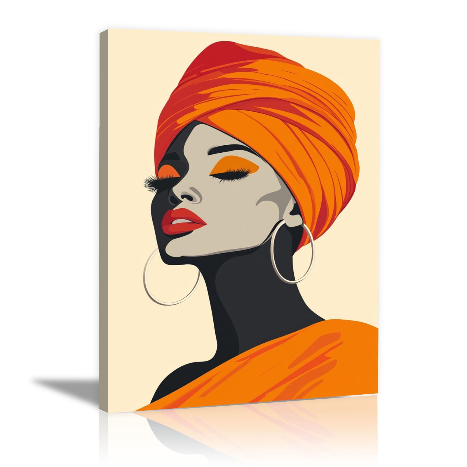 TERUEA Abstract Girl Painting Prints Woman Canvas Pictures Woman with Orange Turban Portrait Retro Painting Bathroom Wall Decor,(Orange)-70x100cm Framed