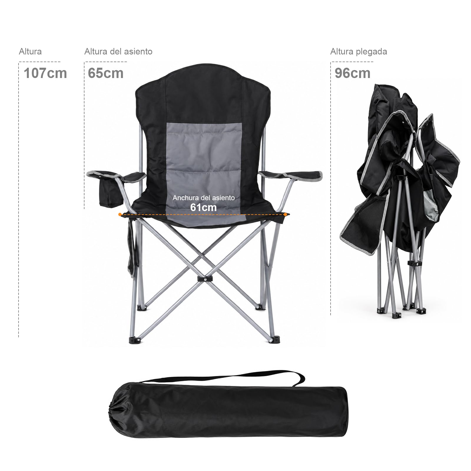 Silla de Camping Plegable, Capacidad de Carga 160 kg, Respaldo Alto, Asiento Amplio, Acolchada con Algodón, Silla de Camping XXL Cómoda Silla de Pesca para Acampadas, Festivales, Playa y Jardín