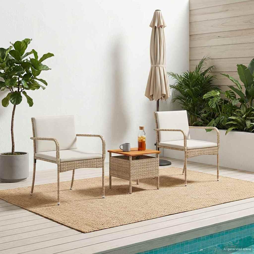 Juego de jardín con cojín de acero y polirratán, resistente a la intemperie, para balcón, terraza, jardín, mesa de madera de acacia y cómodo grupo de asientos, incluye cojines para exteriores