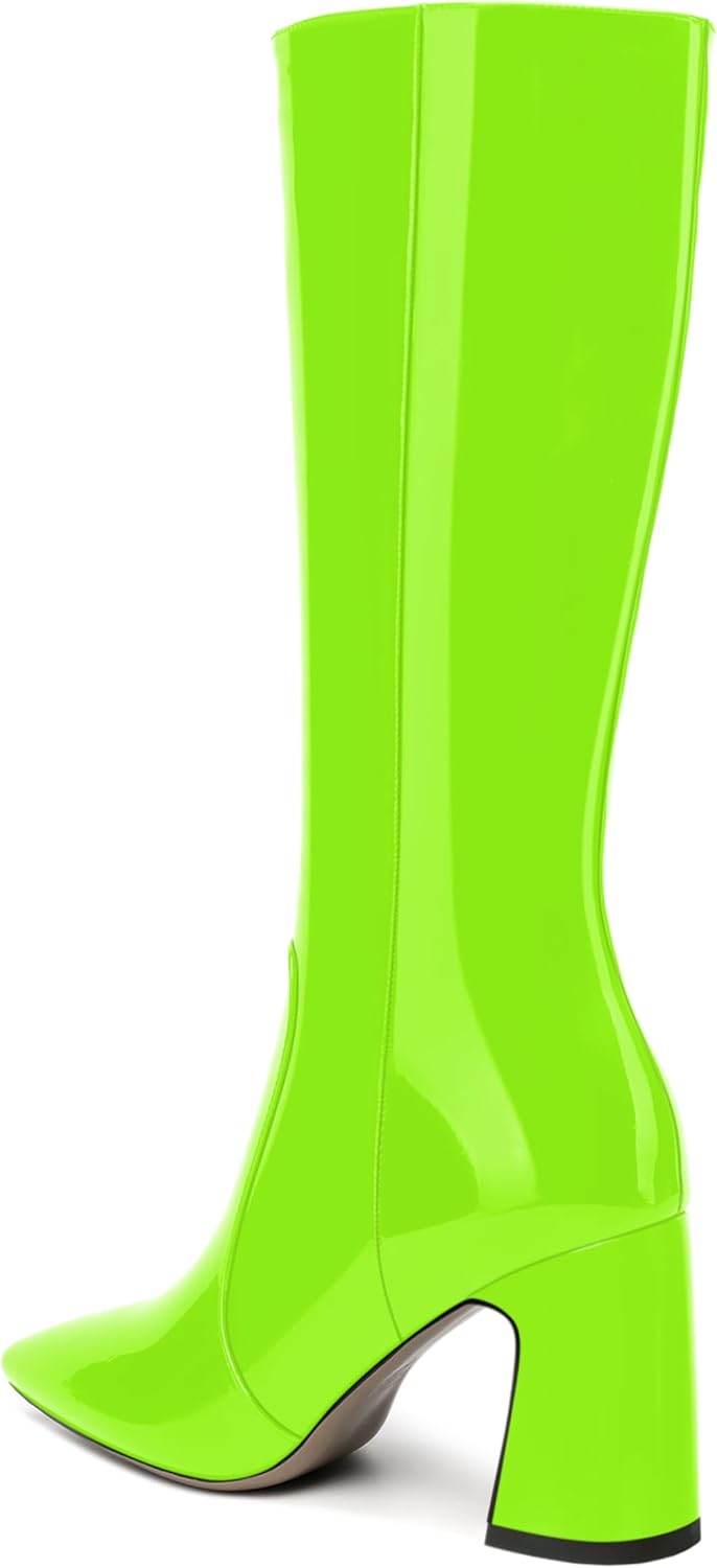 SKYSTERRY Womens Zip Casual Patent Pointed Toe Wedding Block High Heel Knee High Boots 3.3 Inch