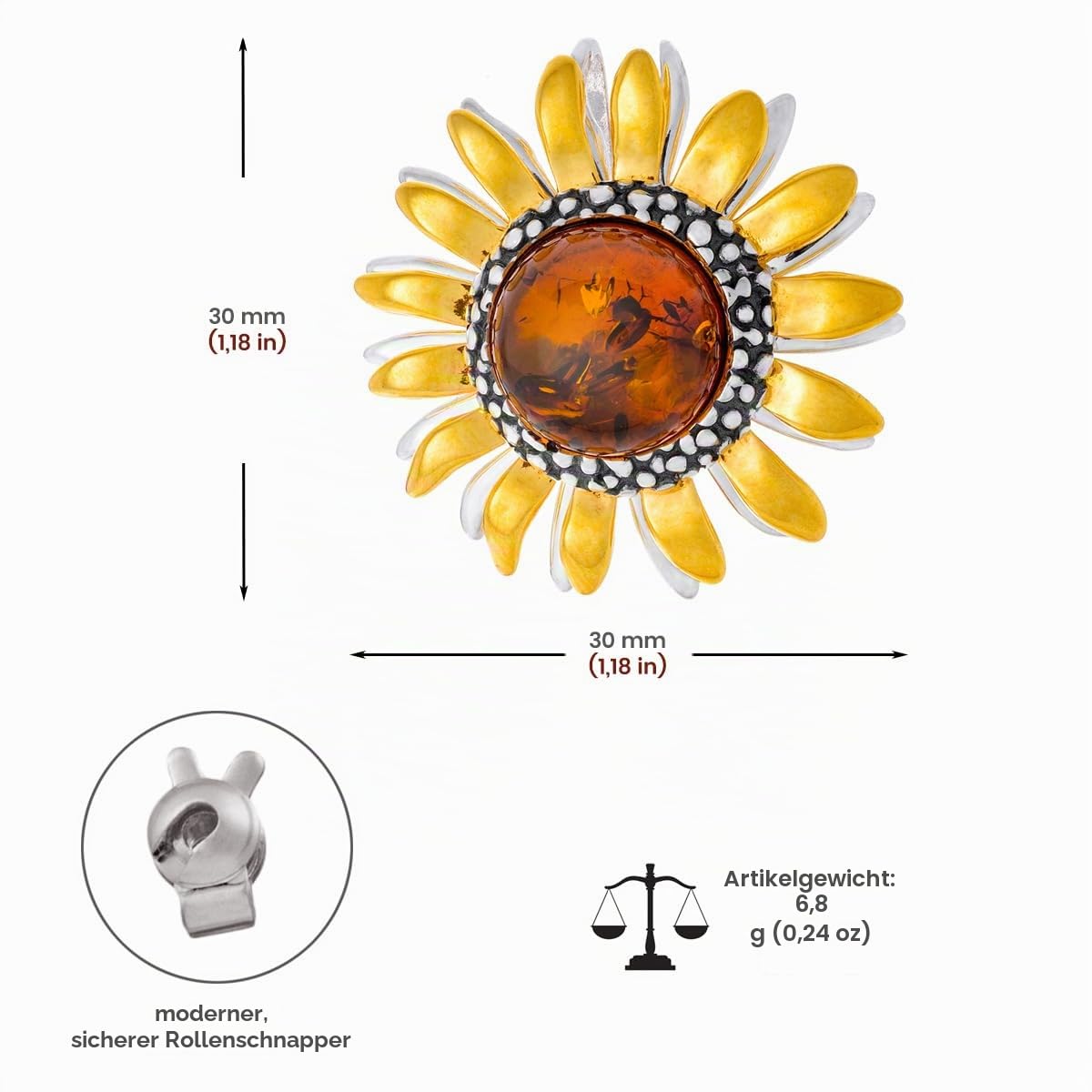 Damen Brosche Anhänger Sterling Silber Poliert, Oxidiert, Vergoldet, Cognac Baltischer Bernstein Rund, Sonnenblumen Brosche mit Anhänger Funktion, Geschenk Set