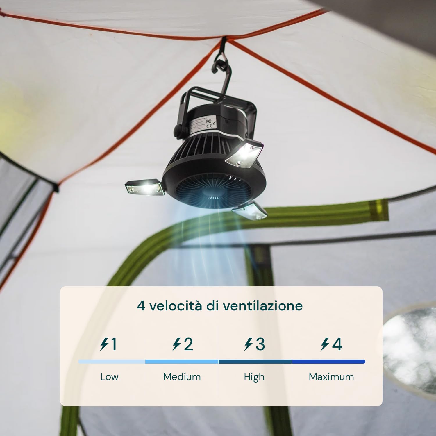 Wintem Ventilatore da Esterno con Comode Luci LED Integrate e Ricarica Solare o USB 4W - 5V con 4 Velocità per Adattarsi ad Ogni Esigenza - Lunga Durata Fino a 25 Ore di Autonomia - 23cm