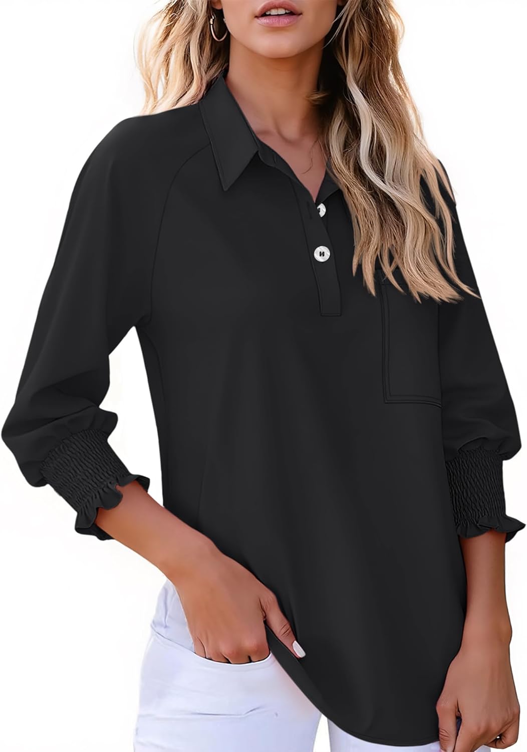 Kistore Women Blouses 3/4 Sleeve Business Shirts Smocked Cuffed Spring Dressy Casual Tops 2026 Fashion S-XXL