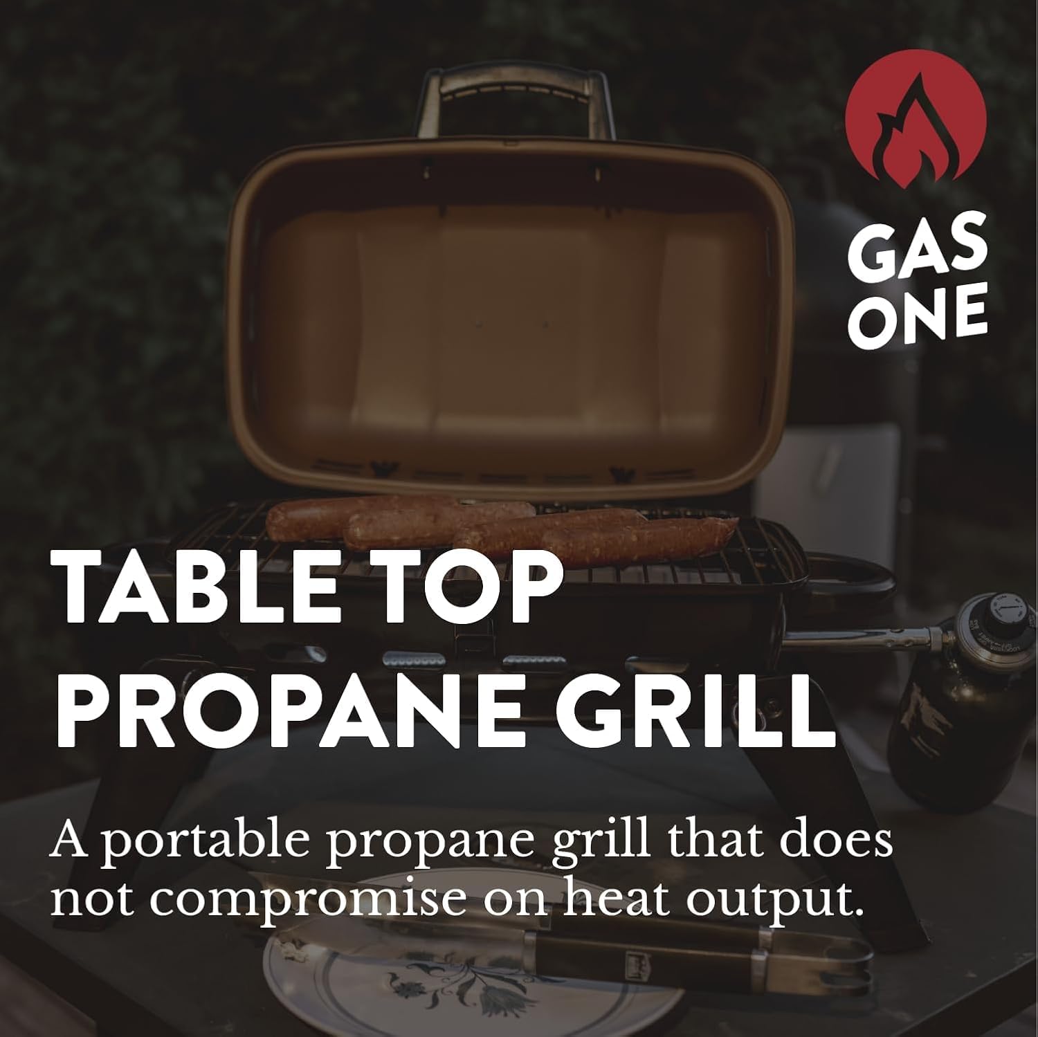 GasOne Tabletop Propane Grill – Portable Grill Propane with Heat Resistant Handles, Large Cooking Surface – User Friendly Temperature Control Knob Portable Gas Grill for RV, Camping, Home – Tan Brown