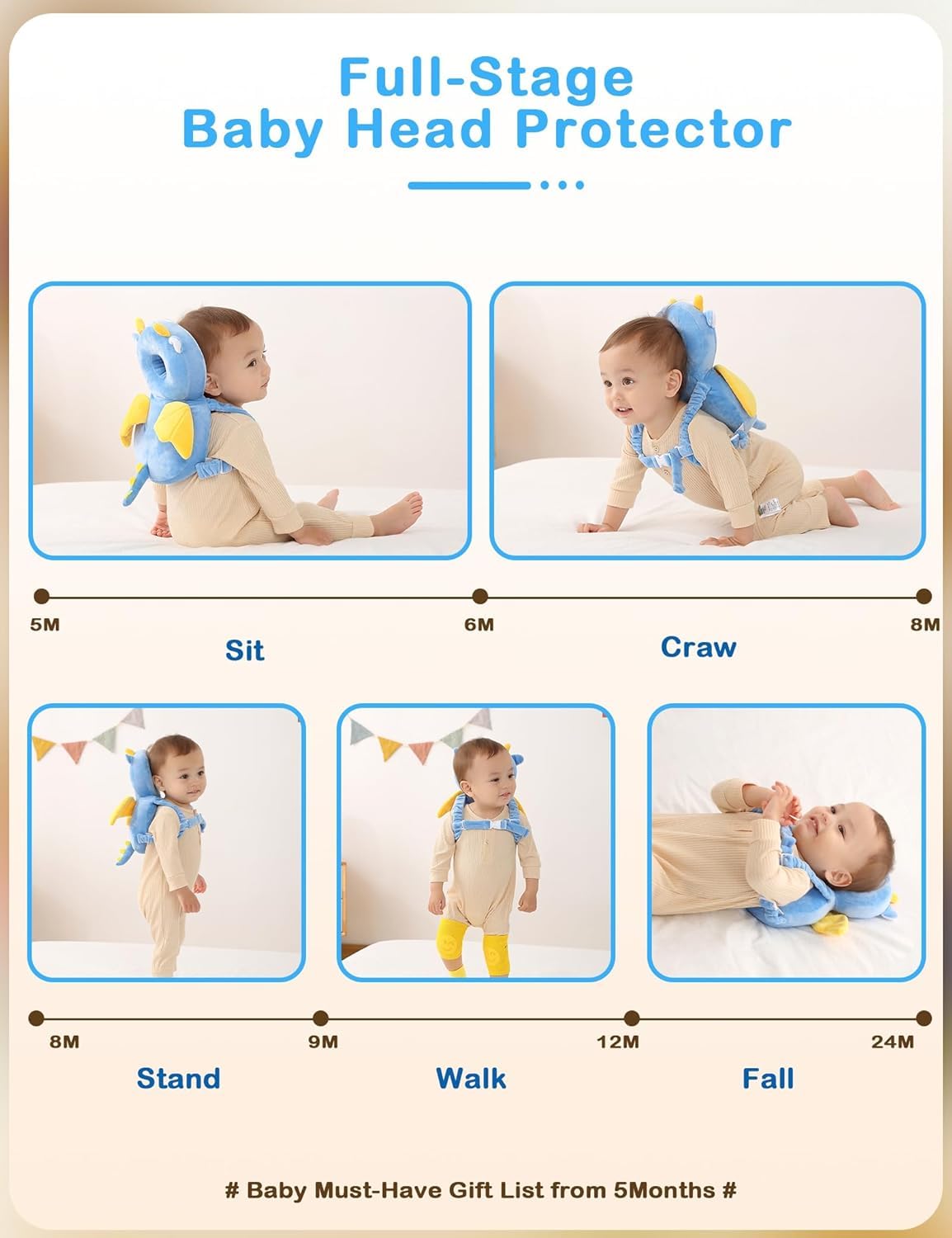 Cojin Antivuelco Bebe Protector Cabeza Bebe Dragón Anti Caídas Almohada Protección Cojín Protector Seguridad Ajustable para la Cabeza para Que los Bebés se Arrastren y Caminen