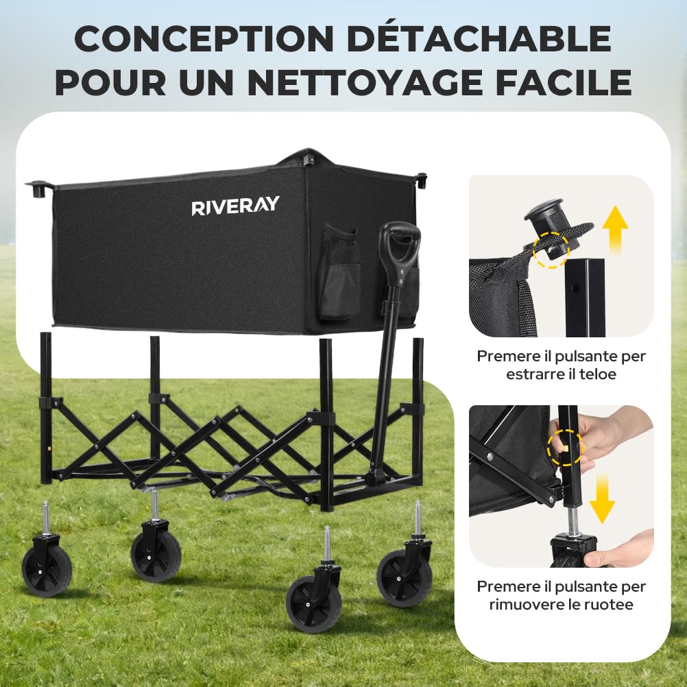 Chariot de Transport Pliable 120L, Montage sans Outil, Chariot Pliable de Jardin et Camping, 4 Roues Tout Terrain Détachables, Poignée Télescopique, pour Plage Jardinage Festival, Noir