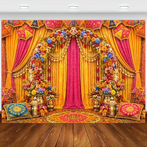 Image of India Wedding Backdrop, Traditional Haldi Mehndi Pooja Decorations, Colorful Marigold Floral Bridal Shower Fabric Photography Background wall Decor Props 7x5FT