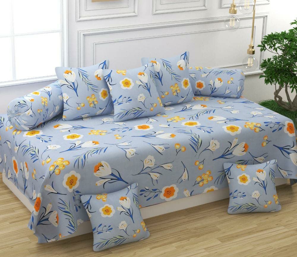 MORADO 160 TC Glace Cotton 8 Piece Diwan Set Including 1 Bedsheet, 5 Cushion Covers and 2 Bolster Covers, Grey-picture-22