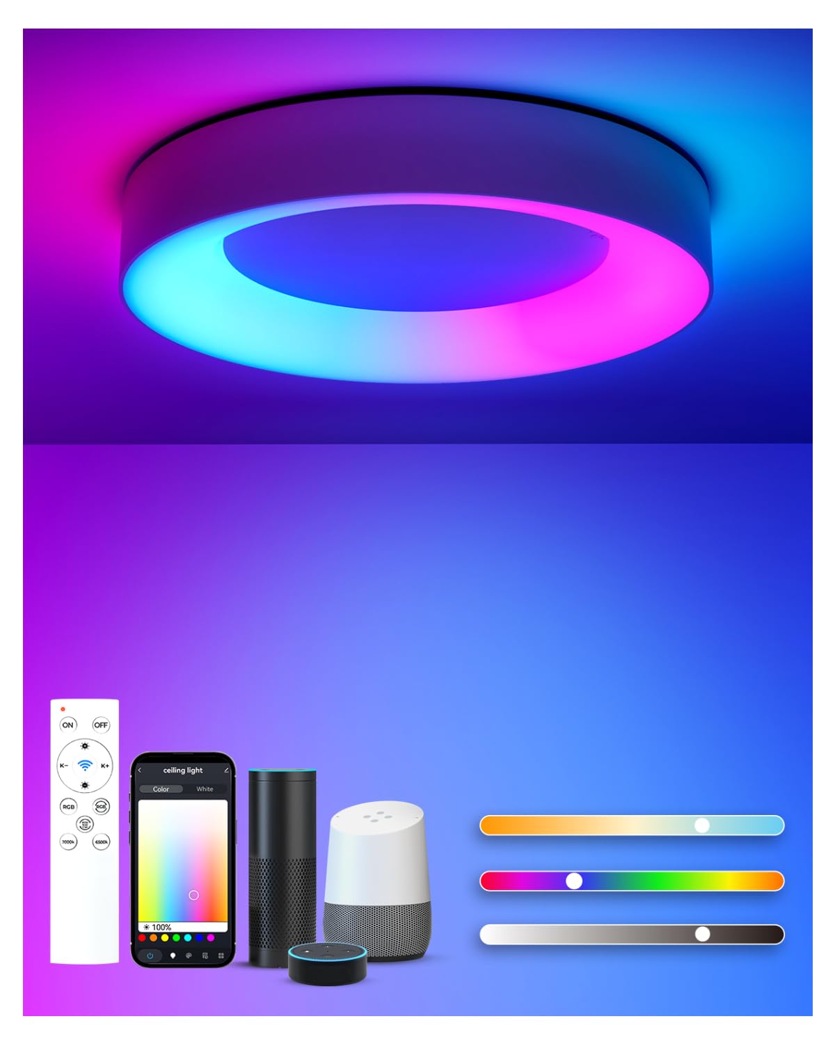 Matane Smart LED Deckenleuchte Dimmbar, 24W RGB Deckenlampe mit APP Steuerung & Fernbedienung, Kompatibel mit Alexa & Google Assistant, Licht für Schlafzimmer Kinderzimmer Wohnzimmer Rund Weiß 28cm