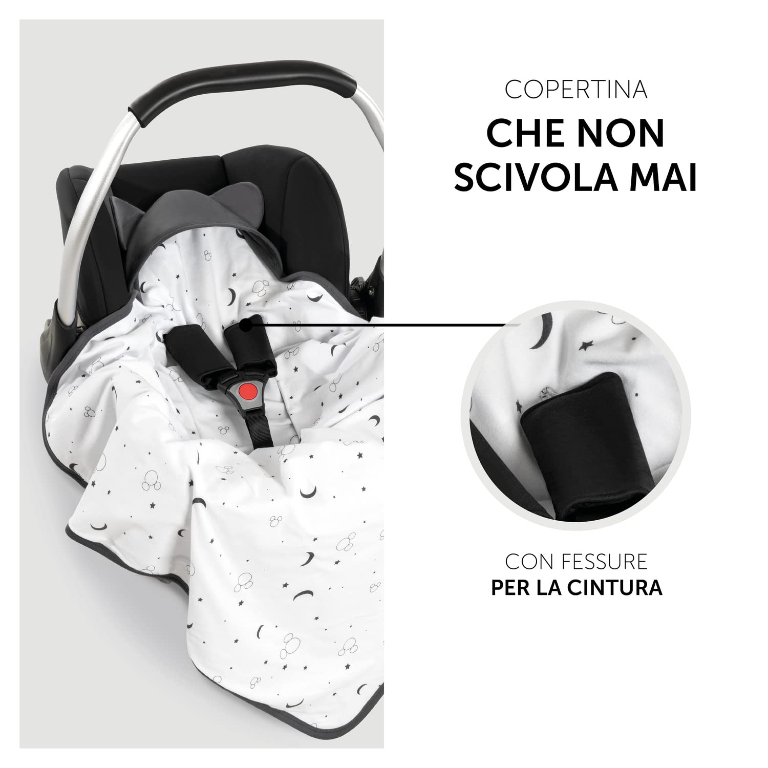 hauck Snuggle N Dream, Disney Topolino Antracite - Copertina Neonato per Ovetto, Segggiolino Auto, Passeggino e Carrozzina, 80 x 80 cm, Primavera Estate, con Fessura per Cintura, Leggera e Lavabile