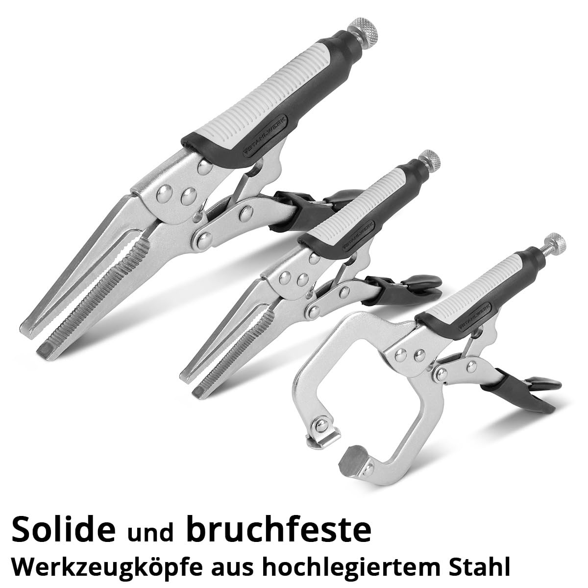 STAHLWERK Gripzangen Set 6-teilig Klemmbereich einstellbar – Langbeck-Gripzangen 165/241 mm mit gebogenen Backen 127/178/254 mm, C-Klemme 152mm, Ergonomische TPR Griffe