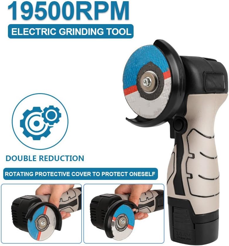 Three step diagram showing how to replace the grinding disc: 1. Press self-locking button, 2. Loosen bolt, 3. Replace disc and tighten