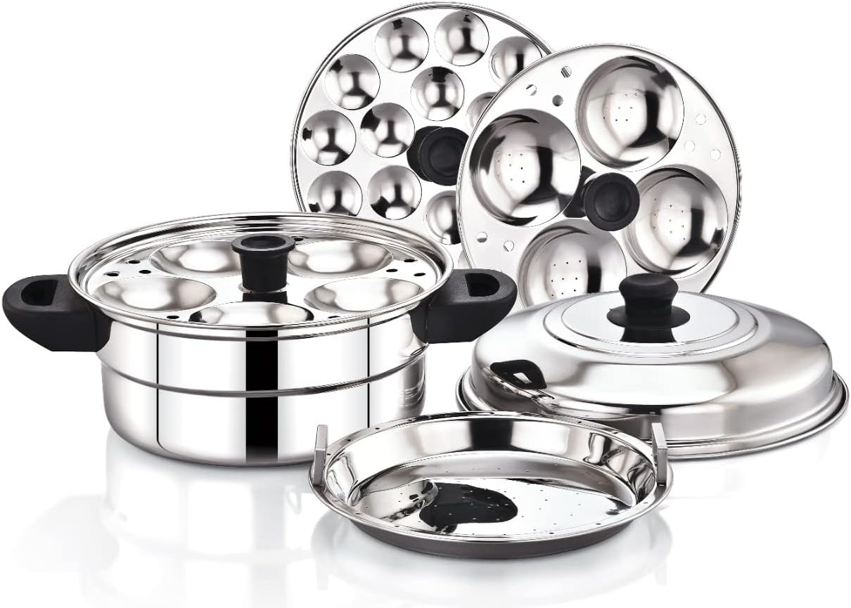 Hometronics Stainless Steel Multi Steamer Pot (2 Idli Plates/9 Idlis, 1 Mini Idli Plate/15 Mini Idlis and 1 Multi-Purpose Steamer/Idiyappam Steamer Plate)(9 idli)