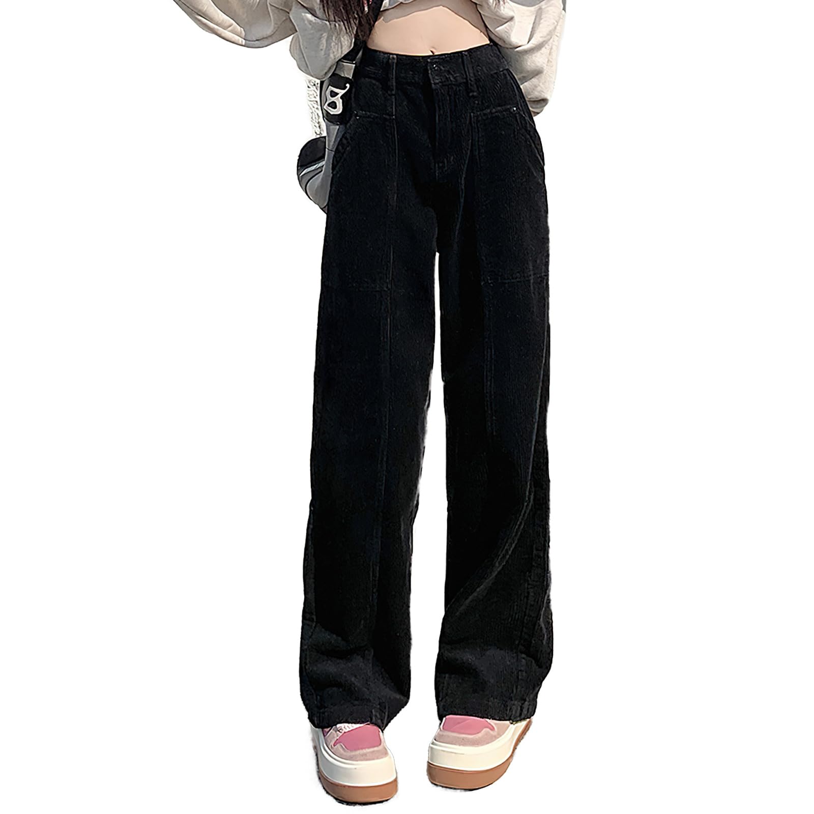 Corduroy Pants for Women Fall High Waisted Loose Straight Leg Pants Ribcage Vintage 90s Wide Leg Trousers