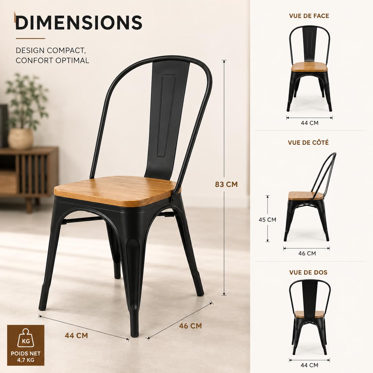 Kosmi - Lot de 4 chaises Style Industriel en métal Noir Mat et Assise en Bois Clair