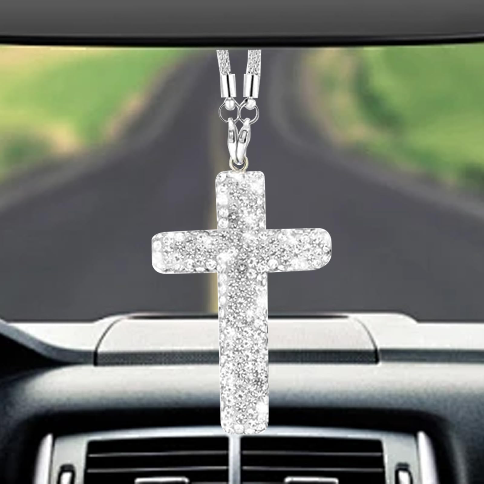 Ethlomoer Sliver Shiny Silver Cross For Car Mirror Hanging – Religious Rearview Mirror Decoration, Car Cross Hanging Accessories, Car Ornament & Charm