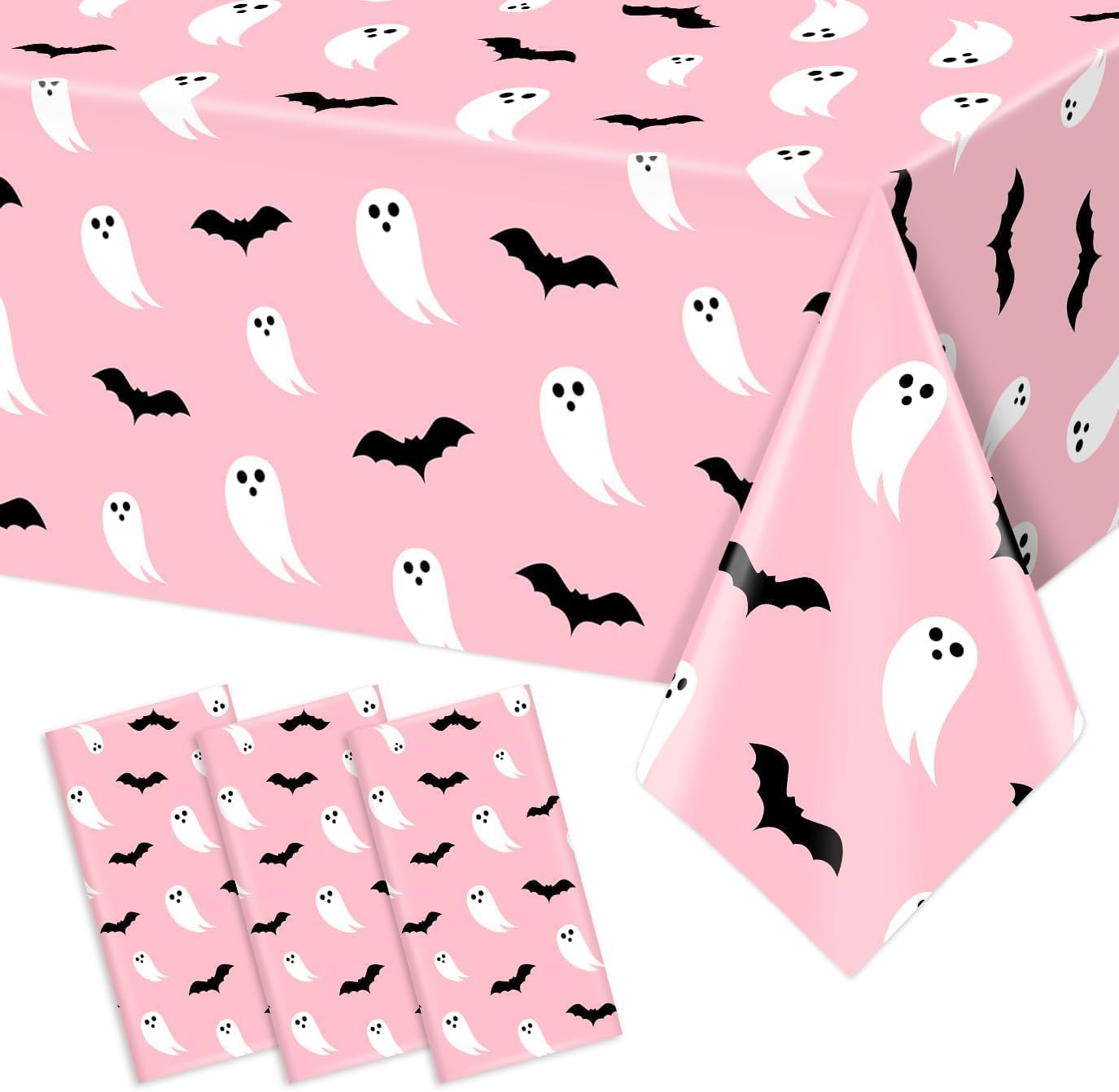 3PCS Pink Halloween Cute Ghosts Bats Plastic Waterproof Tablecloths Disposable Rectangular Table Cloths 54x108IN for Kids Girls Dining Table Decorations