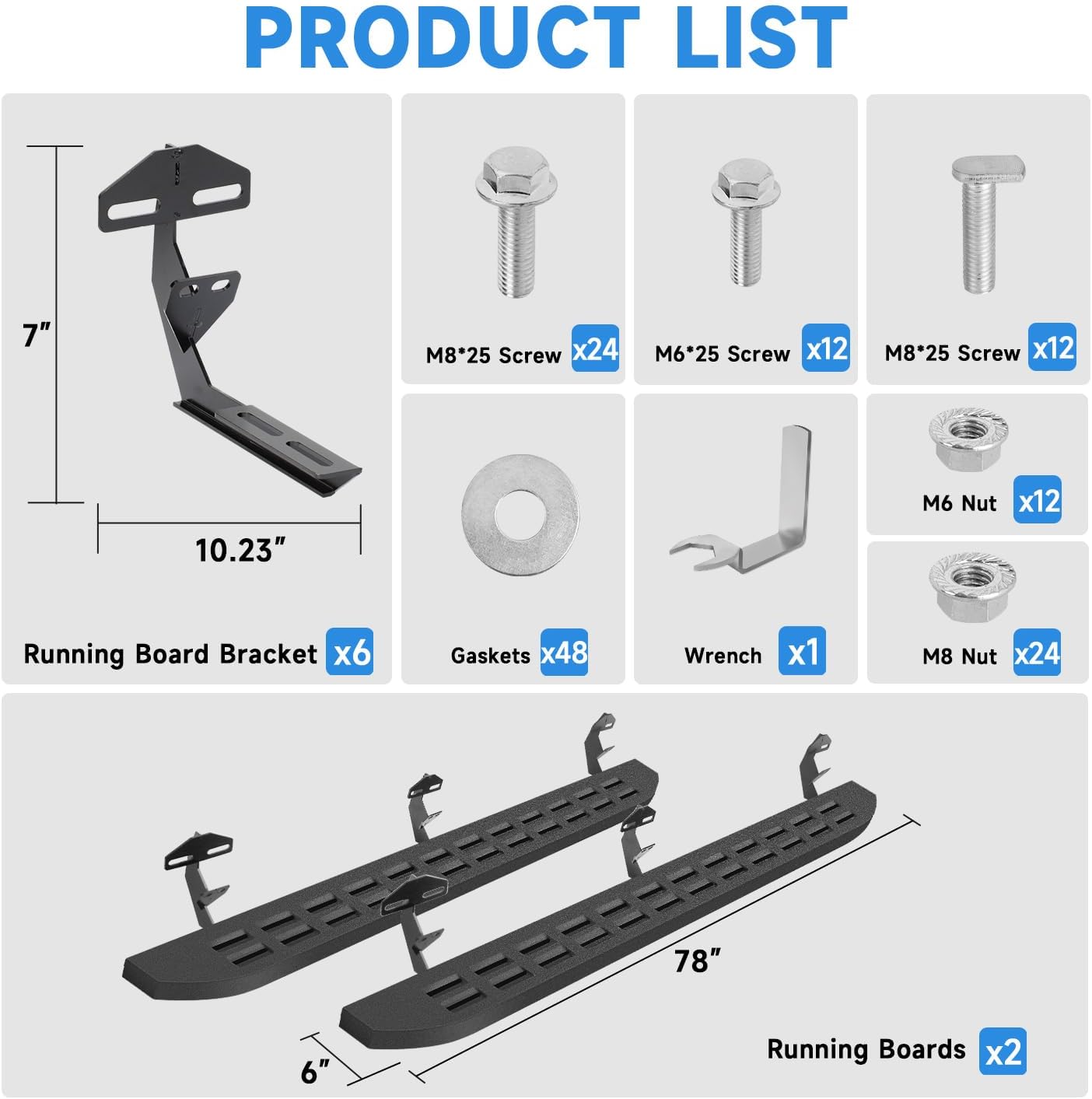 6'' Running Boards Side Steps Nerf Bars – Black Powder-Coated Carbon Steel for 2009-2018 Dodge Ram 1500 Double Cab, Durable and Rust-Resistant (Horizontal Slots)