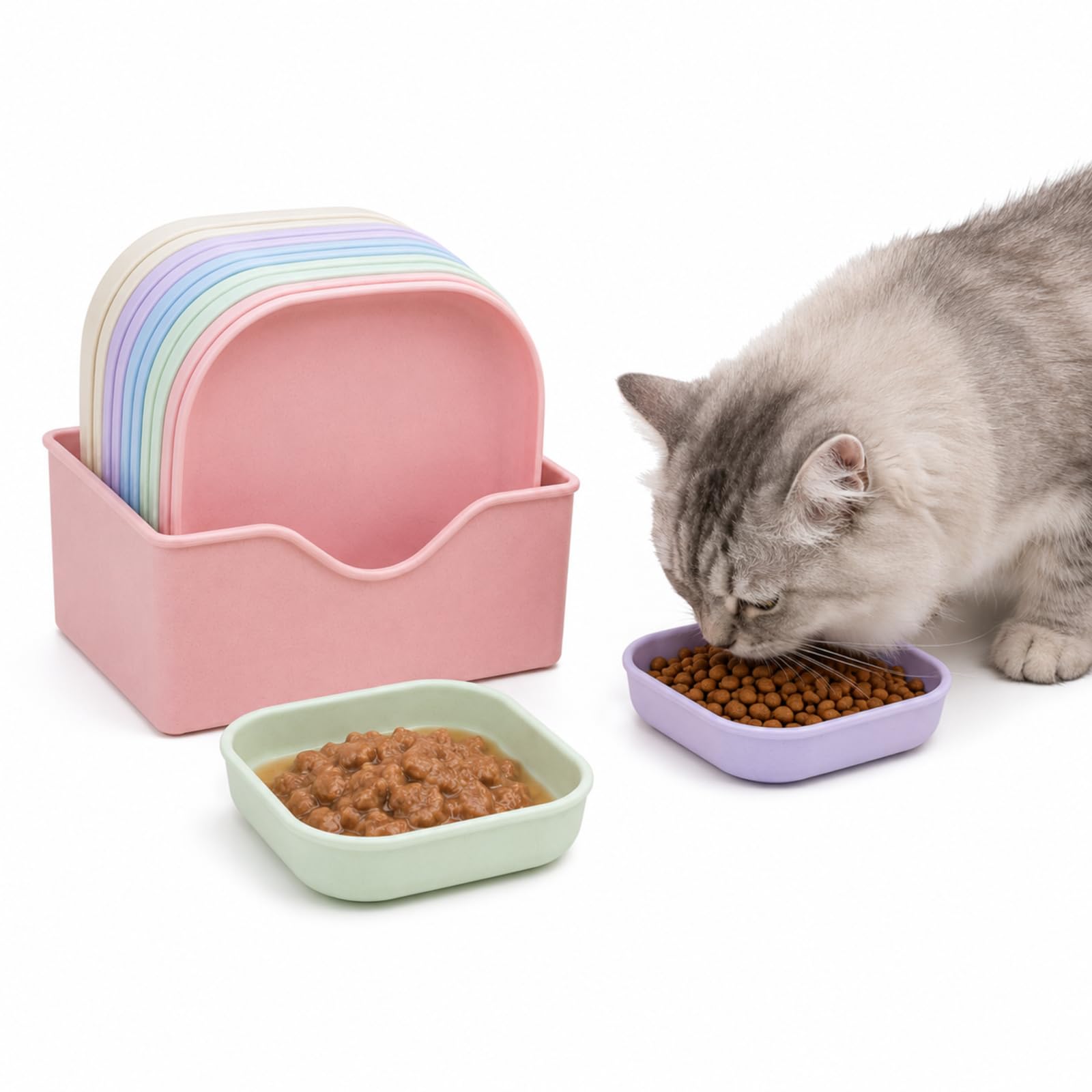 11Pcs Cat Food Bowls Set, 10 Kitten Bowls with Storage Base for Multi-Cat Households, Organised Feeding for Dry and Wet Food, Great for Home and Travel
