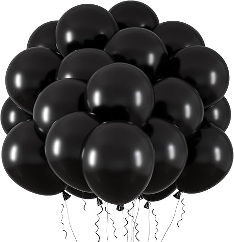 RUBFAC 65 globos de látex negro, globos de fiesta de helio de 12 pulgadas con cinta para boda, cumpleaños, graduación, baby shower, despedida de