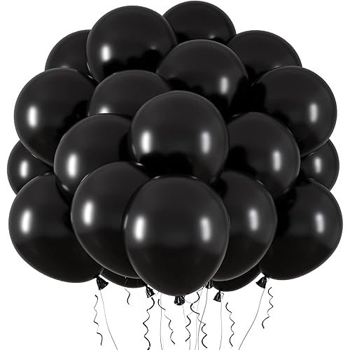 RUBFAC 65pcs Black Latex Balloons, 12 Inches Helium Party Balloons with Ribbon for Wedding, Birthday, Graduation, Baby Shower, Bridal Shower, Anniversary Arch Garland Decoration