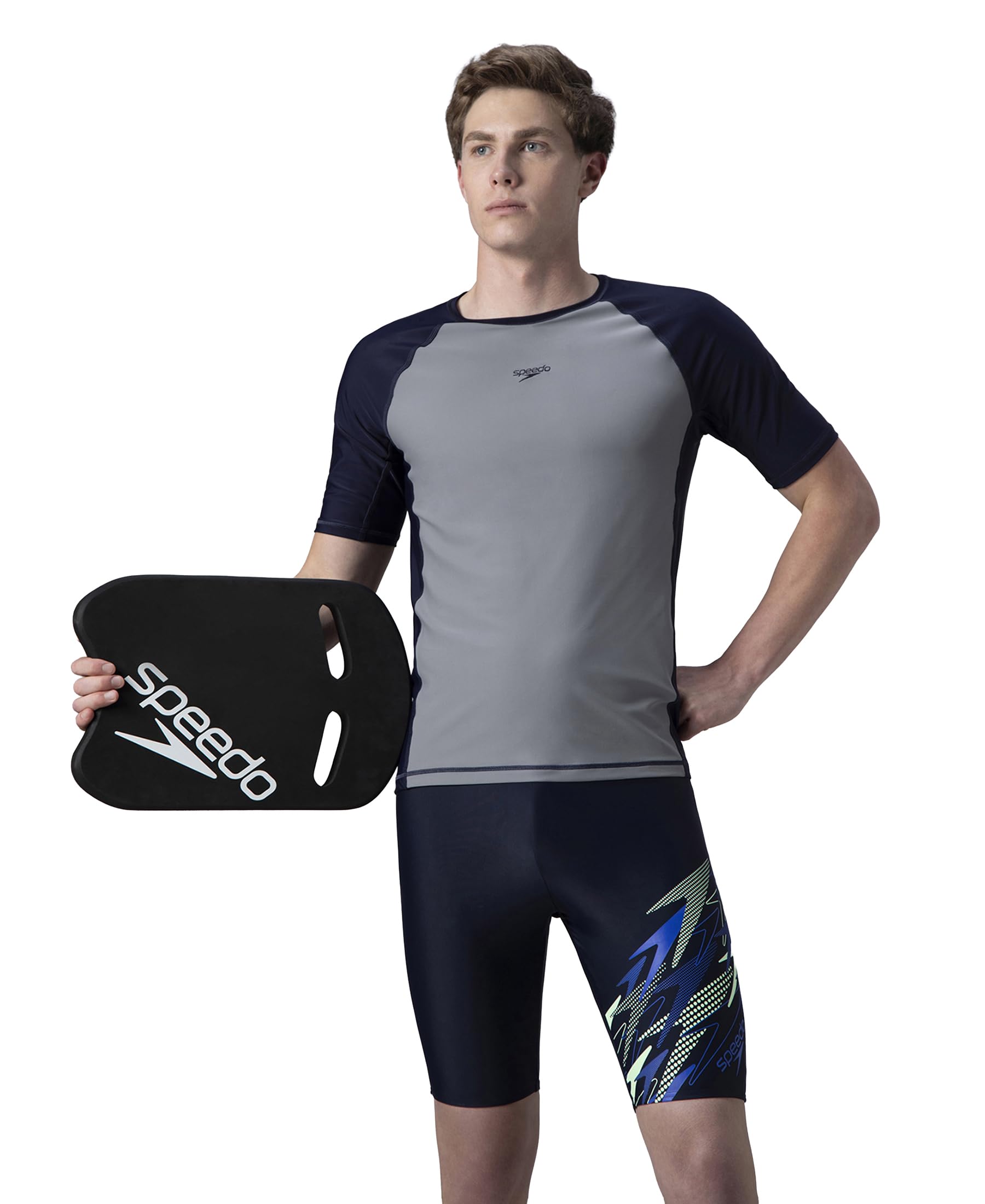 Men's Enduraflex Short Sleeve Suntop | Chlorine Resistance | Shape Retention Fabric | UPF 40+ Sun Protection - Coin Grey & True Navy