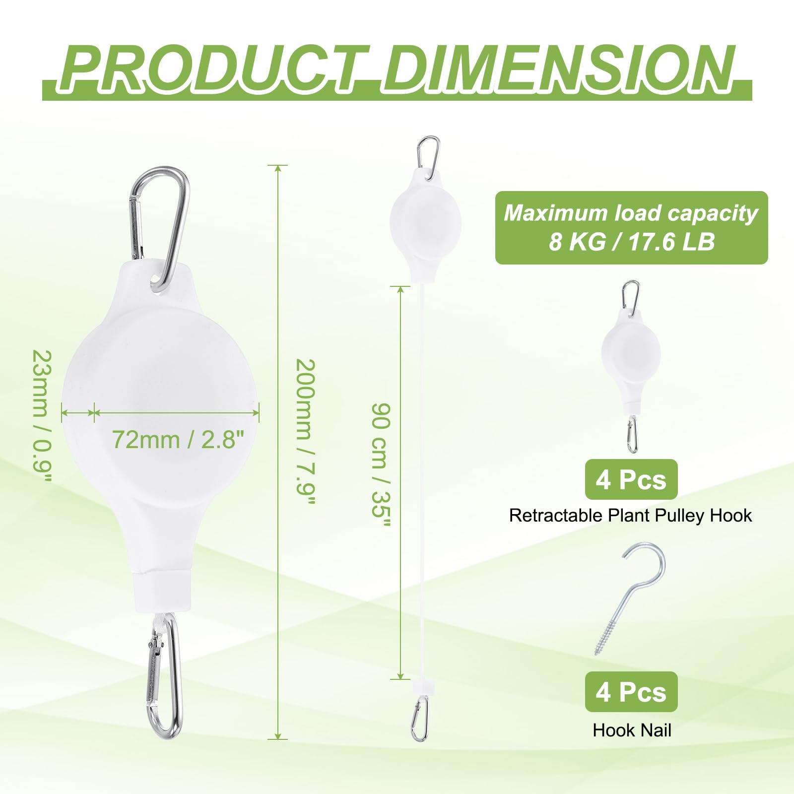 PATIKIL Lot de 4 poulies rétractables pour plantes, paniers de fleurs, crochets de plafond réglables avec clip en D pour paniers de jardin, pots et mangeoires, blanc