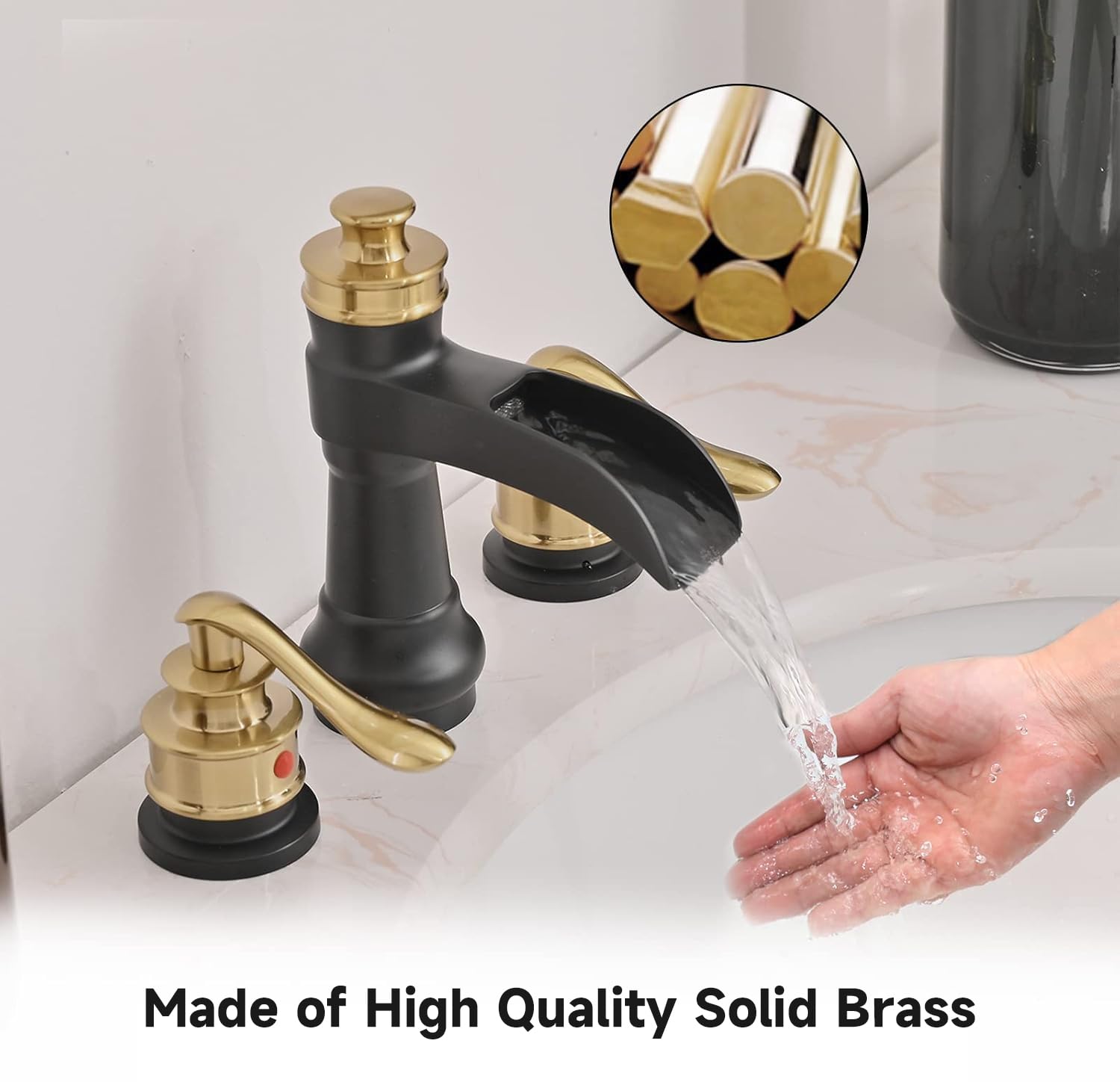 Rubinetto da Bagno a Tre Fori, 20 cm, 2 Maniglie, Nero e Oro, per Uso Commerciale, con Tappo di Scarico a Scomparsa in Ottone e Tubi di Alimentazione. Miscelatore per lavabo e Mobile Bagno.
