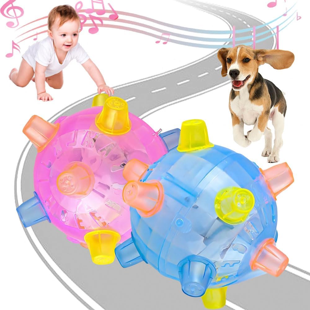 Jumping Activation Ball for Dogs, 2025 Interactive Bouncing Ball for Dogs Cats, Colorful Jumping Activation Ball with Light and Music, Active Moving Pet Toy for Indoor and Outdoor(2pcs)