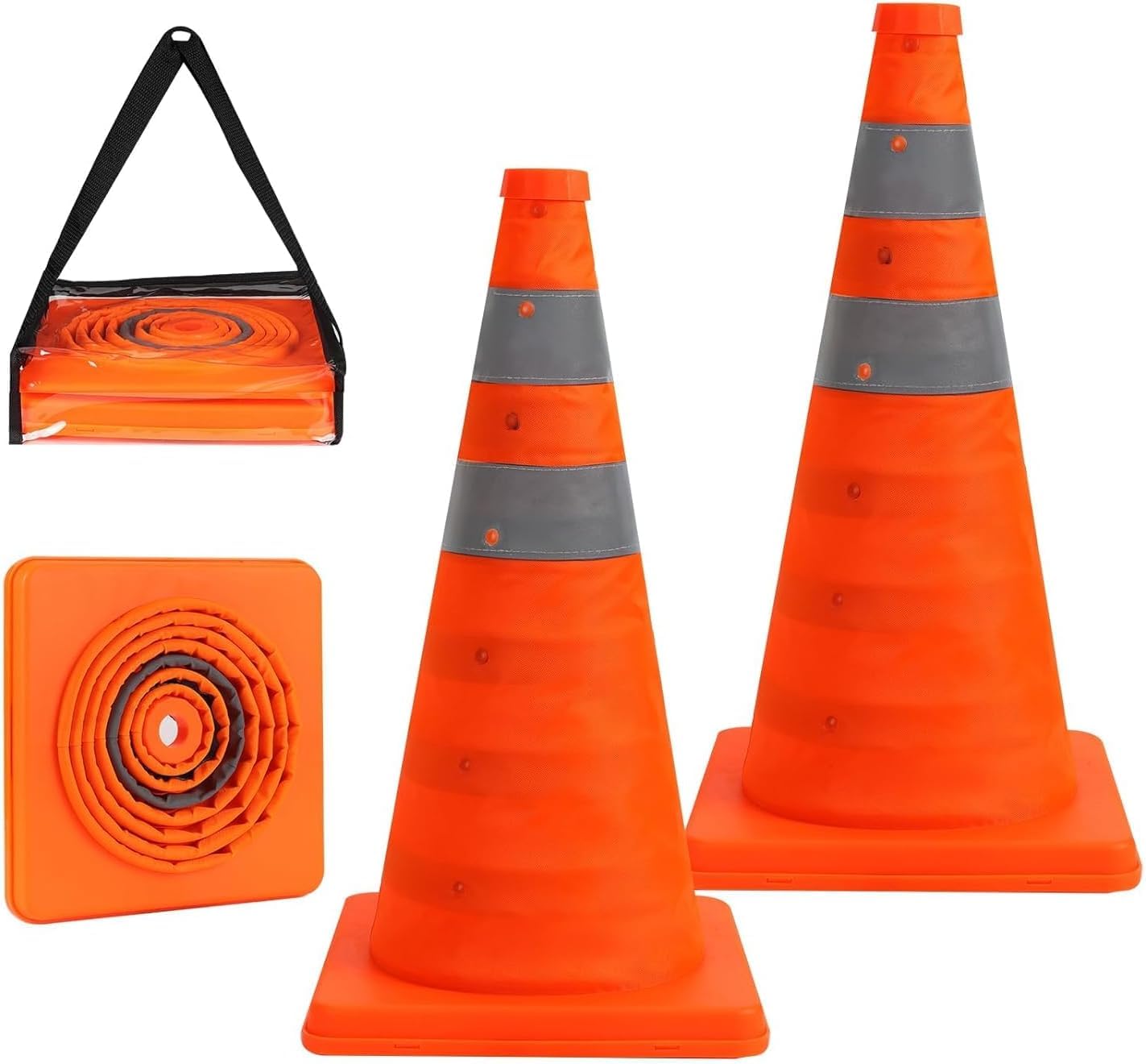 2 Pack 28'' Collapsible Traffic Safety Cones, Multi Purpose Pop-up Cones with Reflective Collar for Road Safety, Orange Cones for Driving Training, Parking Lots