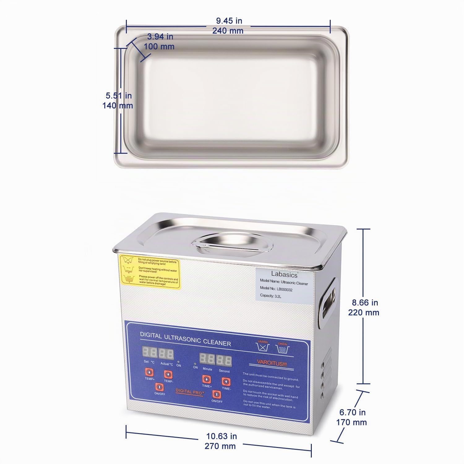 Labasics Ultraschallreiniger, Professioneller Allzweck-Ultraschallreiniger aus Rostfreiem Stahl mit Digitalanzeige-Timer und Wärmesteuerung für Labor 220V, 3.2L