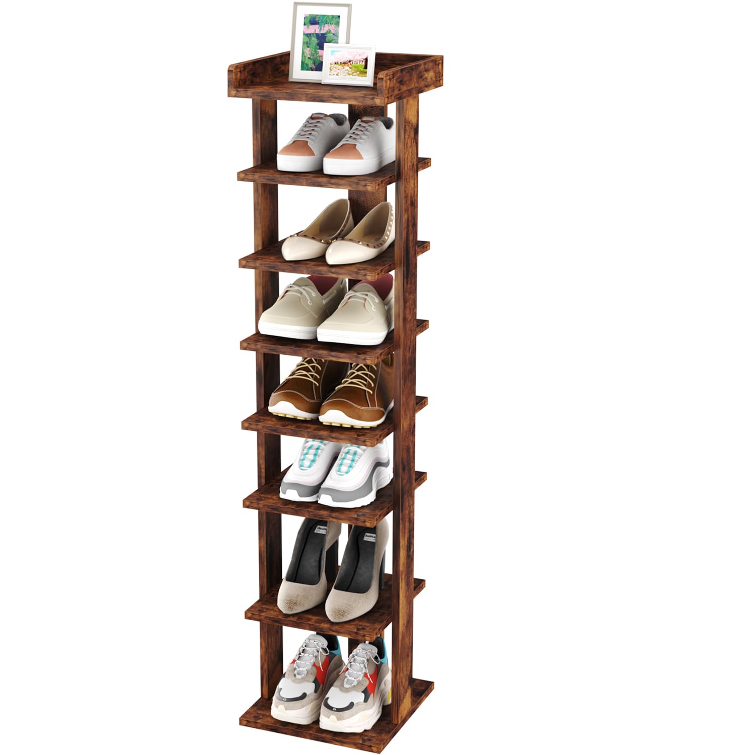 HOME BI 8-Tier Narrow Shoe Rack,Corner Shoe Tower, Slim Shoe Organizer, Wooden Shoe Storage Stand for Entryway, Hallway, Closet, Rustic Brown