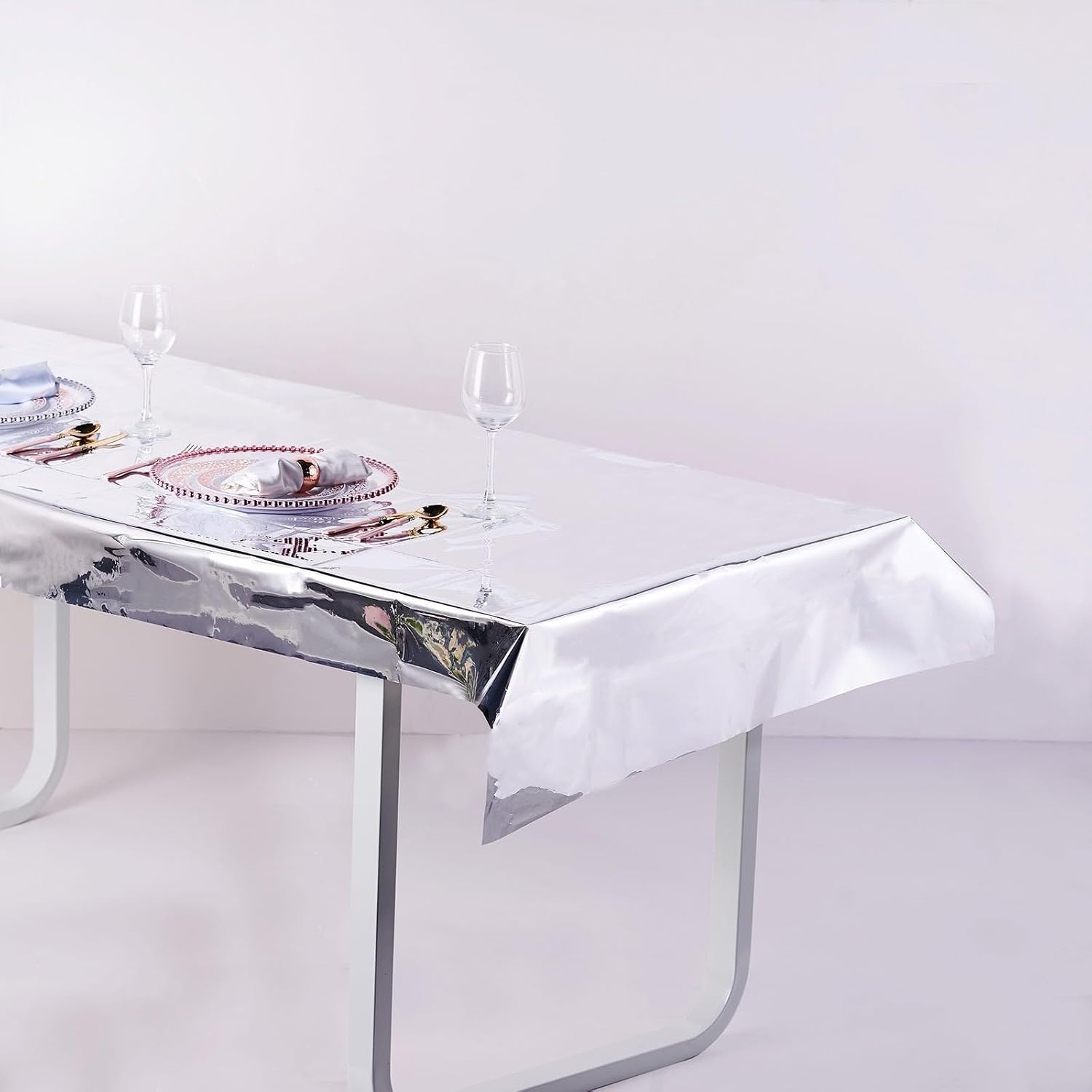 Efavormart 40"x90" Silver Metallic Foil Rectangle Tablecloth, Disposable Mirror Finish Waterproof Table Cover for Banquet, Corporate Event, and Holiday Decor