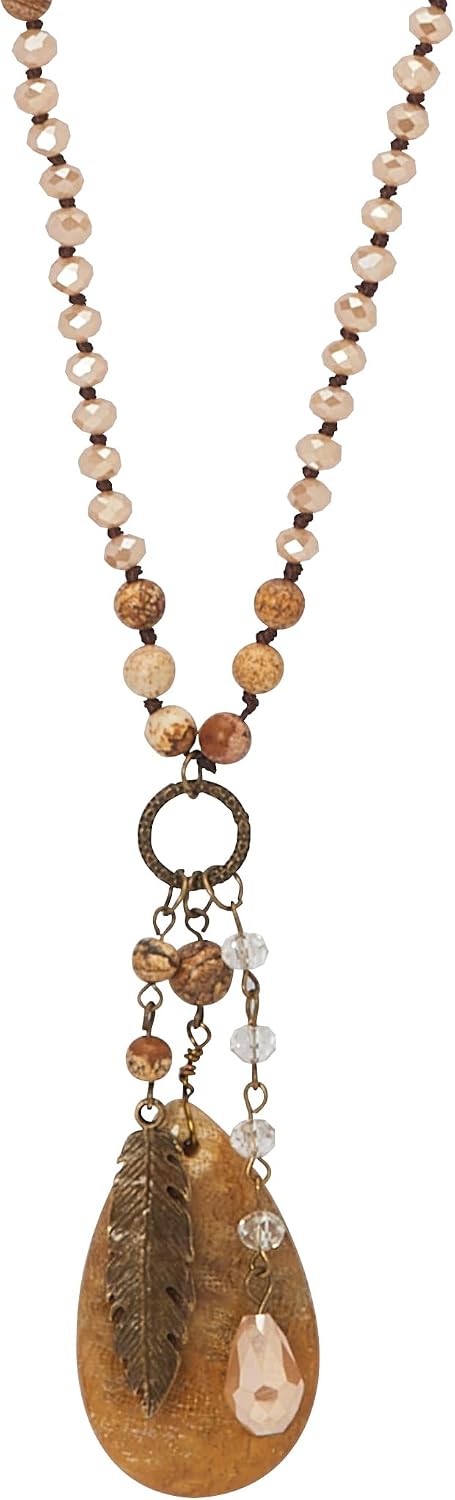 PalmBeach Goldtone Antiqued Genuine Brown Jasper, Drop Necklace (30mm), 34 inches