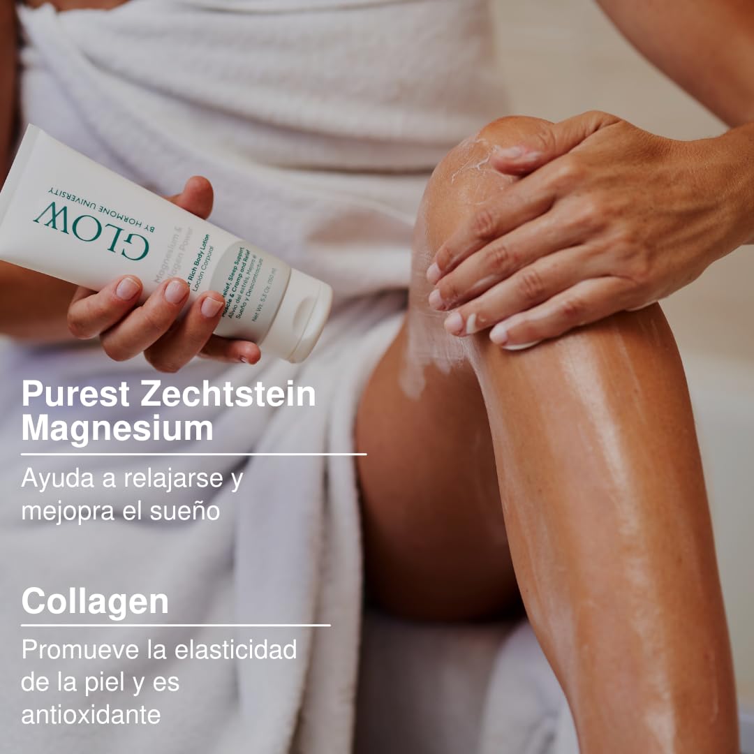 Glow by Hormone University Loción Corporal de Magnesio con Colágeno | Rutina antes de dormir, Concentración más alta de cloruro de magnesio, Cloruro de magnesio genuino Zechstein
