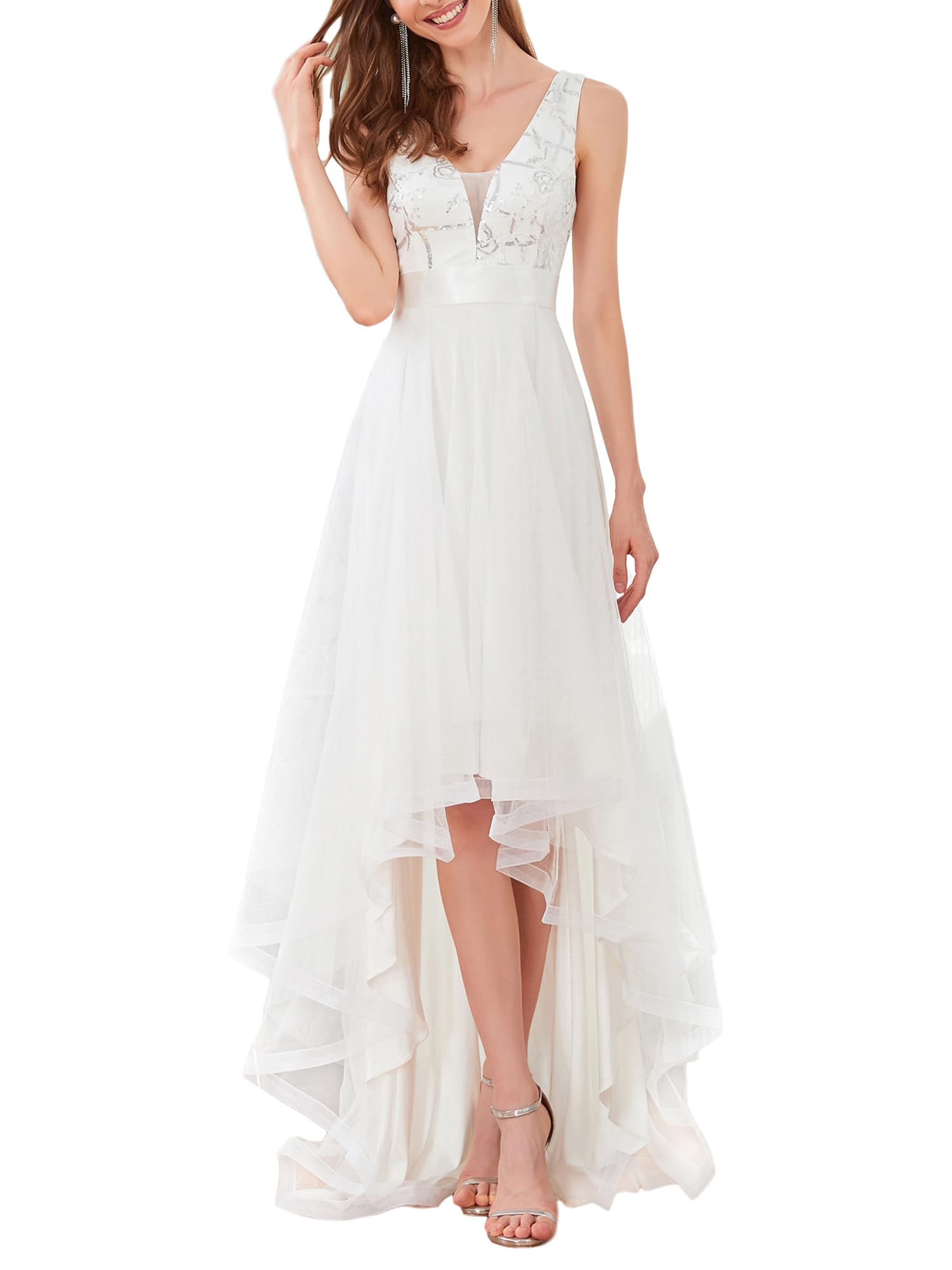 Ever-Pretty Asimétrico Vestido de Fiesta Largo Mujer Tul Lentejuelas Alto Bajo Escote V A-línea Imperio 00793