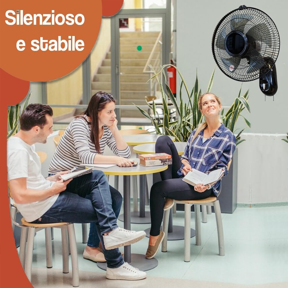 BAKAJI Ventilatore da Parete con Griglia da 36 cm e 3 Livelli di Velocità Selezionabili, Raffrescatore a Muro con 5 Pale in Polipropilene, 65 Watt di Potenza con Oscillazione Laterale Automatica
