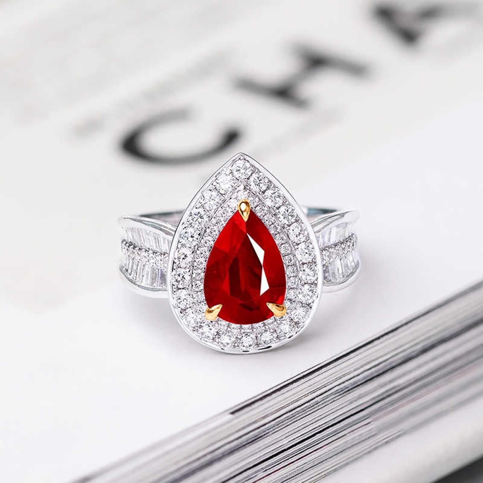 Pierścionek damski, obrączka ślubna, 3 pazury, krople wody, 2,14 ct, syntetyczny rubin, moissanit białe złoto