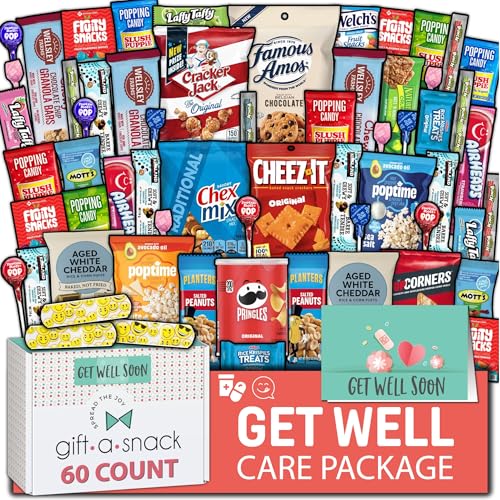 Image of Gift A Snack - Get Well Soon Snack Box Variety Pack Care Package + Greeting Card (60 Count) Feel Better Sweet Treats Gift Basket, Candies Chips Crackers Bars - Office Food Assortments