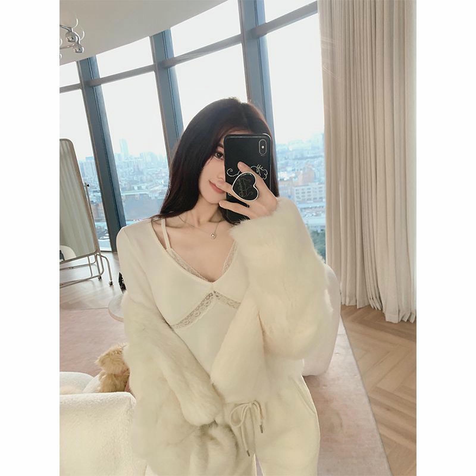 Maglia Termica Camicia da Fondo in Pizzo A V Donna E Invernale alla Moda Calda-Bianco-m