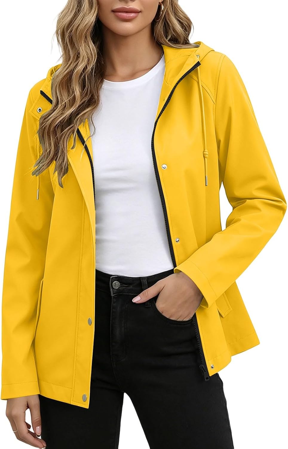 Lmdudan Womens Windproof Hooded Jacket Water Resistant Long Sleeve Drawstring Jacket Outdoor Travel Hiking Lightweight Coat